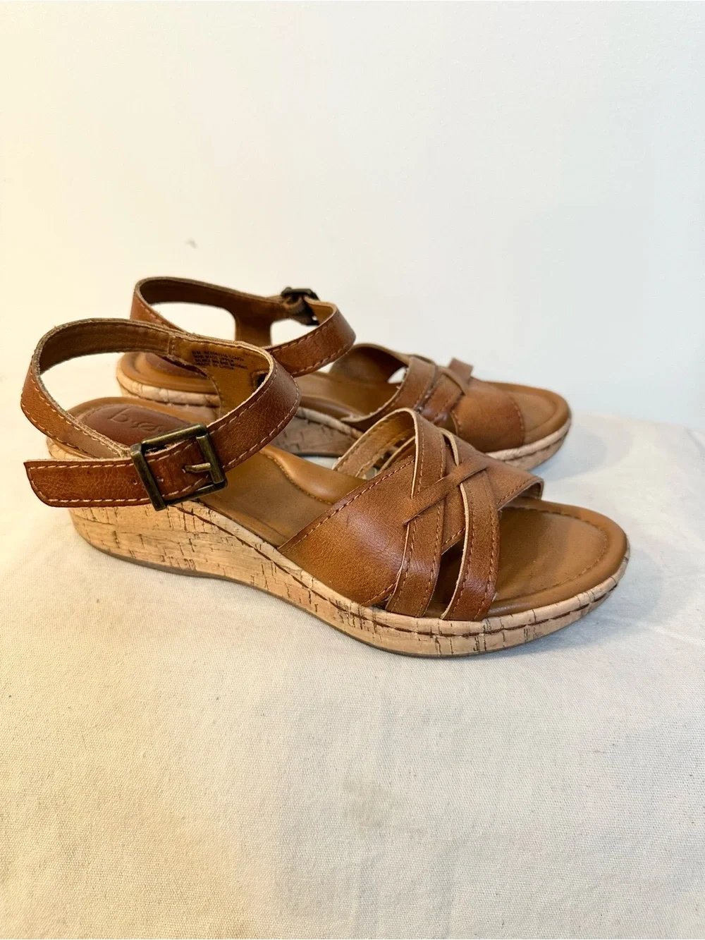 b.o.c. Tan Brown Leather Wedge Sandals with Ankle Strap